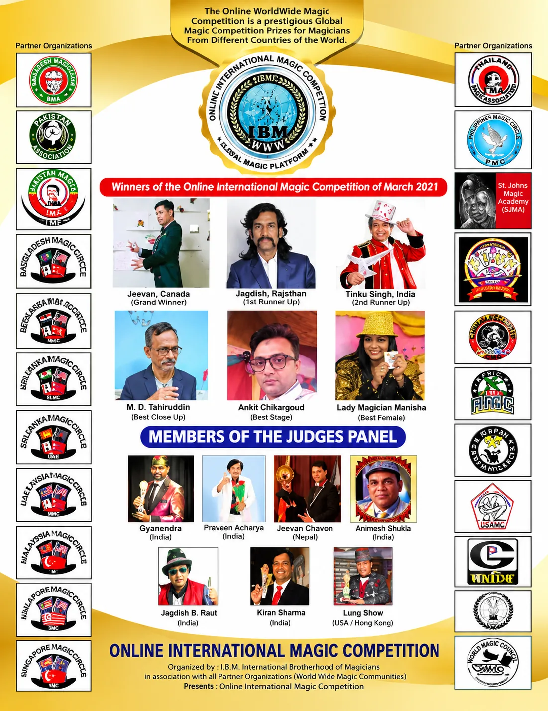 Official poster of the Online International Magic Competition 2021 — category winners, the international jury and partner magic societies from around the world