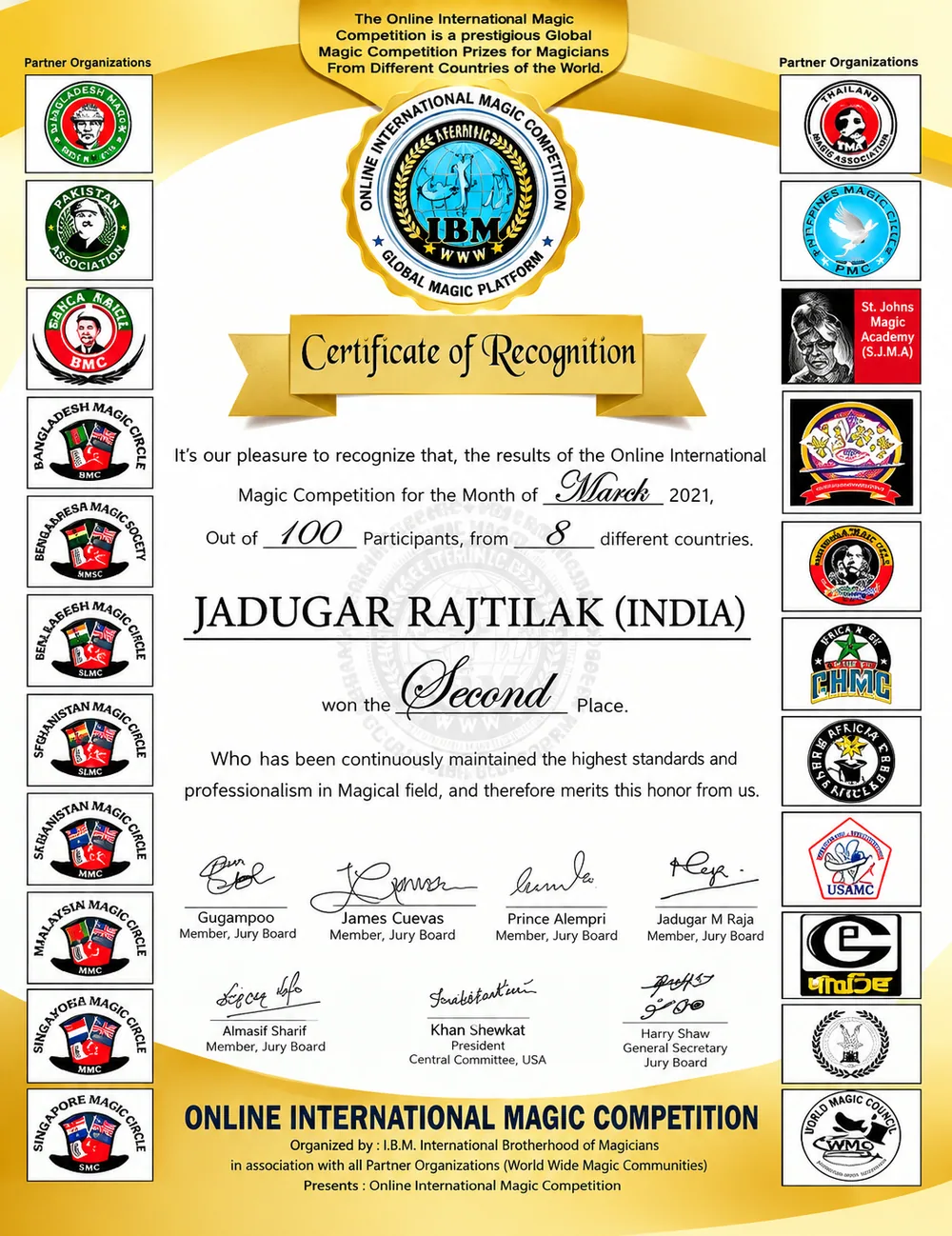 Certificate of Recognition awarded to Jadugar Rajtilak (India) — 2nd place, International Online Magic Contest by the International Brotherhood of Magicians (I.B.M.), March 2021, among 100 magicians from 8 countries