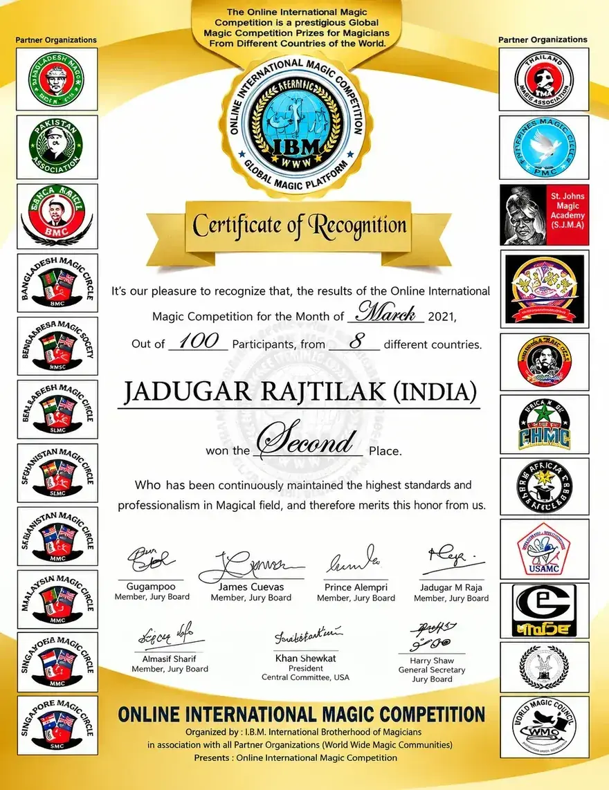 Certificate of Recognition — Second Place won by Jadugar Rajtilak of India at the Online International Magic Competition (I.B.M.), March 2021