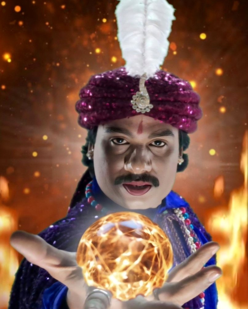 Jadugar Rajtilak in his royal blue velvet and sequined turban conjuring a glowing orb on stage — poster frame from the official reel