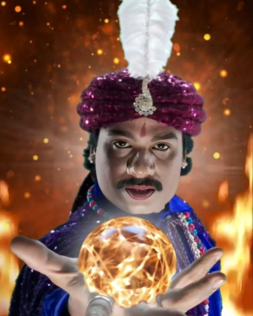 Jadugar Rajtilak in his royal blue velvet and sequined turban conjuring a glowing orb on stage — poster frame from the official reel